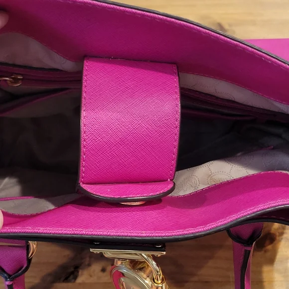 Michael Kors Hamilton Large Satchel Hot Pink Fuchsia Saffiano Leather Lock Bag